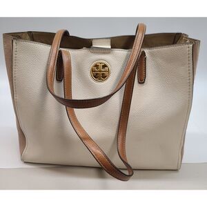 Tory Burch White Pebbled Leather & Tan Suede Block T Tote Bag Gold Hardware